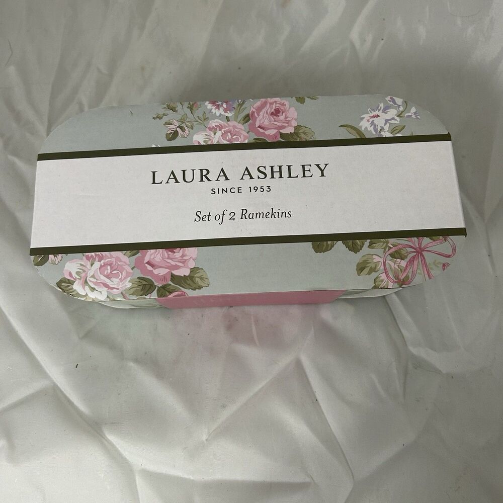 Laura Ashley Set of 2 Ramekins Floral Pink Ceramic Baking Dishes NIB Gift Boxed